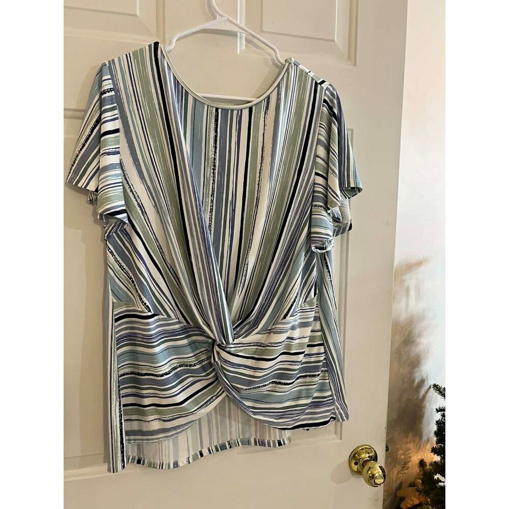 Robert Louis XL Stretchy Striped White Blue Green Tie Front Top Spring Coastal